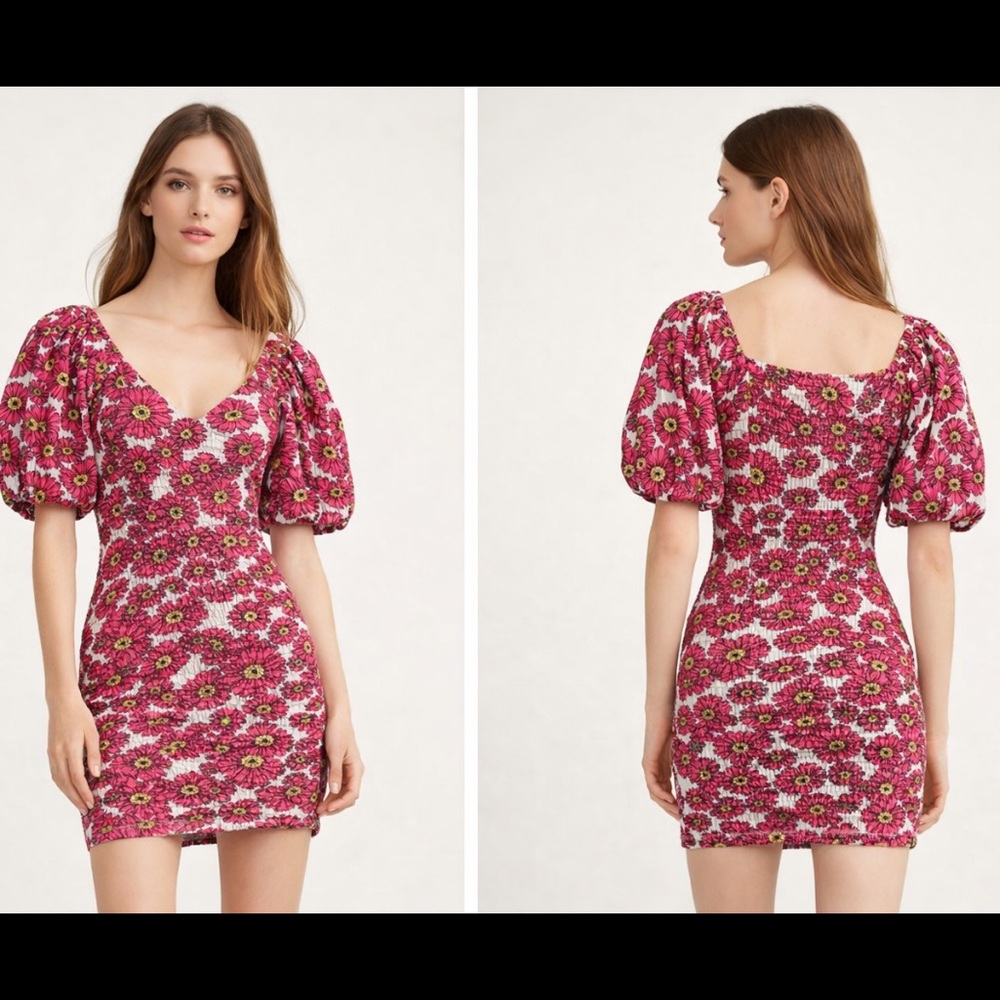 Zara Pink Daisy Floral Smocked Puff Sleeve Mini Dress Small